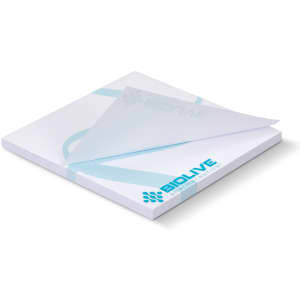 A white sticky pad featuring a blue design, containing 50 sheets, with a logo on the cover.