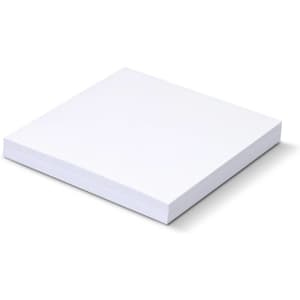 A white sticky pad, measuring 100 x 100 mm, with 100 sheets, featuring a logo on the packaging.