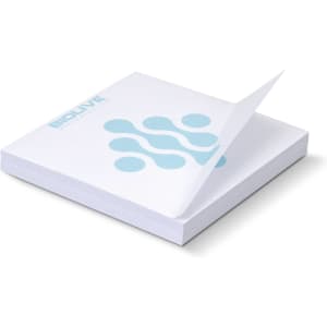 A stack of white sticky notes, featuring a blue graphic and logo on the cover, with one note slightly lifted.