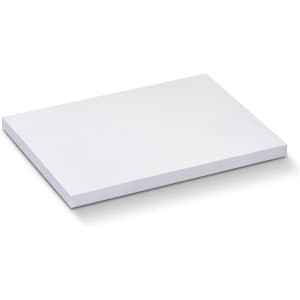 A white sticky pad featuring 50 sheets, measuring 100 x 75mm, with a smooth edge and a plain surface.