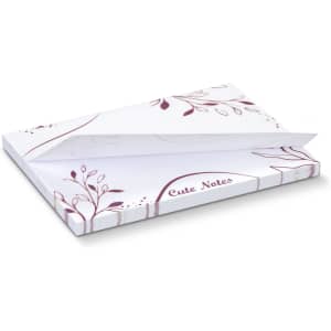 A sticky pad with a white design featuring floral patterns, measuring 100 x 75mm, containing 50 sheets.