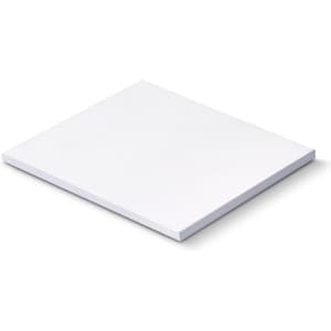 A white sticky pad with a square shape, measuring 70 x 75mm, featuring 25 sheets. There is a logo on the pad.