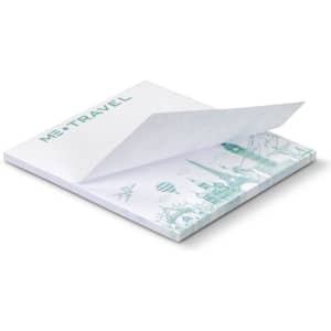 A stack of sticky note pads in white with a decorative edge featuring a travel theme. Includes 25 sheets, measures 70 x 75mm.
