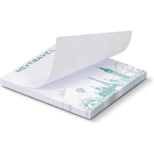 A sticky pad with 50 sheets, featuring a white cover with a light design, and a branding logo on the top.