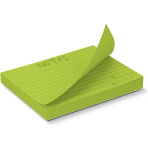 A green sticky pad measuring 100 x 75mm with 100 sheets, featuring lined pages. It has a logo on the bottom.