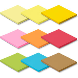 A set of coloured sticky pads in yellow, pink, orange, red, green, blue, and brown, each 70 x 75mm with 50 sheets.