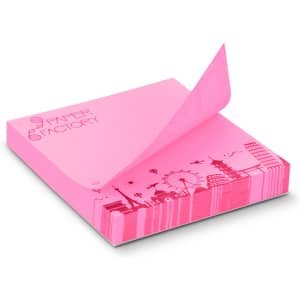 A stack of bright pink sticky pads, featuring a design on the bottom edge and a few sheets being pulled away.