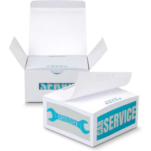 A white box with a blue logo and graphics, including terms related to car service, partially opened.