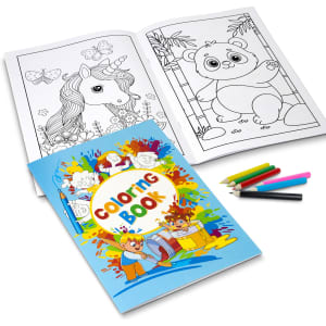An A4 custom cover colouring book with illustrated pages, accompanied by colourful pencils. Features a logo on the cover.