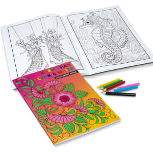 An A4 custom cover colouring book featuring intricate floral and seahorse designs, accompanied by colourful drawing pencils.