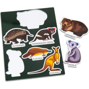 A custom die cut magnet sheet featuring colourful Australian animals: echidna, Tasmanian devil, wombat, platypus, kangaroo, and koala.