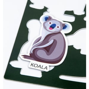 A custom die cut magnet sheet featuring a grey koala design on a dark green background, with a logo present.