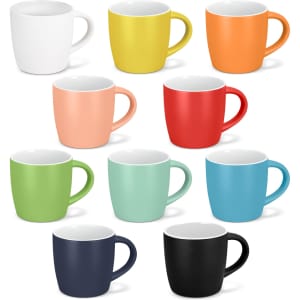 A collection of ten smooth coffee mugs in various colours, including white, yellow, orange, peach, red, green, mint, turquoise, navy, and black.
