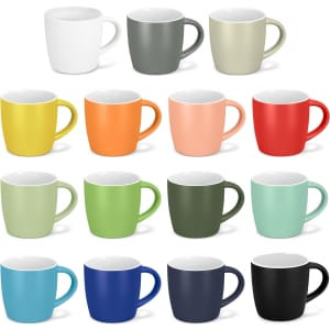 A collection of coffee mugs in various colours, including white, grey, yellow, orange, red, green, and blue. All feature a simple design with handles.