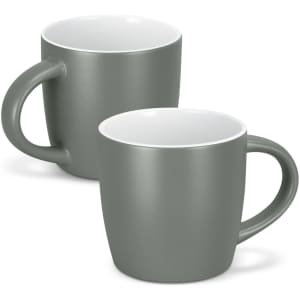 A drinkware set featuring two mocha coffee mugs in a matte grey colour with contrasting white interiors.