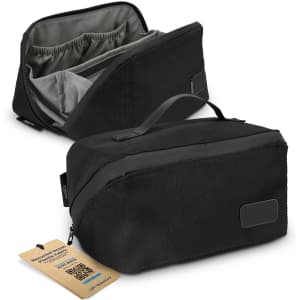 A black toiletry bag with a zippered opening and multiple compartments, featuring a tag and a subtle logo.