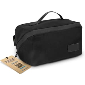 A black toiletry bag with a handle and a tag, featuring a sleek design and branding.