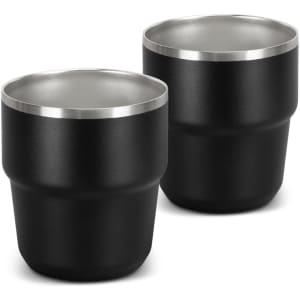 A set of two stackable cups in black with a silver rim, featuring a branding logo.