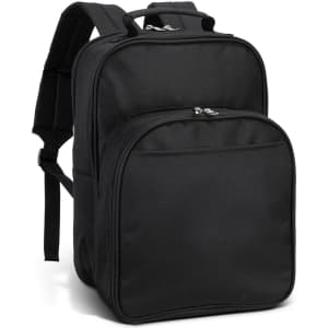 A black picnic backpack featuring multiple compartments and adjustable straps. It has a logo on the front.
