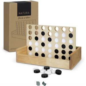 A wooden Four-in-a-Row game featuring black and white pieces, presented with a box showcasing natural materials.