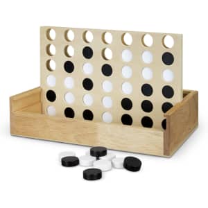 A wooden four-in-a-row game featuring a light wooden board with circular holes and black and white discs.