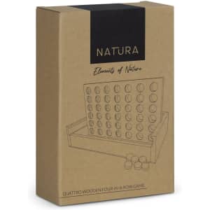 A boxed wooden four-in-a-row game, featuring natural tones, with round pieces and a branding logo.