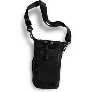 A drink bottle bag in black with a shoulder strap, featuring a front pocket and drawstring closure.