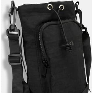 A drink bottle bag in black with a zippered pocket, adjustable strap, and attachment clips.