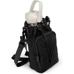 A drink bottle bag in black, designed to hold a bottle securely, featuring a shoulder strap and a zippered pocket.