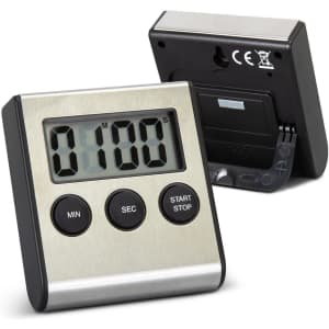 A kitchen timer featuring a stainless steel front and black sides, with a digital display and three buttons.