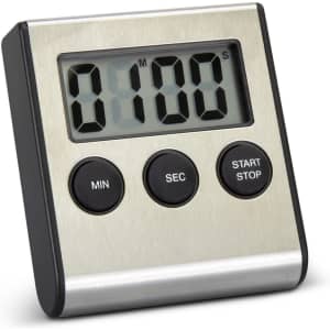 A kitchen timer with a stainless steel finish, featuring a digital display and three black buttons for control.