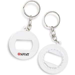 A drink bottle opener key ring in white, featuring a simple design and a logo on one side.