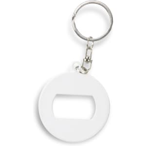 A drink bottle opener key ring in white, featuring a circular design and a silver metal key ring attachment.