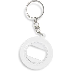 A drink bottle opener key ring in white with a circular design and a metal keychain attachment.