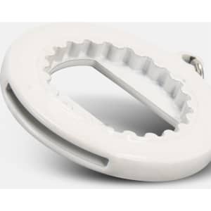A drink bottle opener key ring in white featuring a circular design with a serrated edge and a metal attachment.