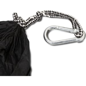 A black outdoor hammock with a carabiner and patterned rope attachment. It features a durable design for outdoor use.