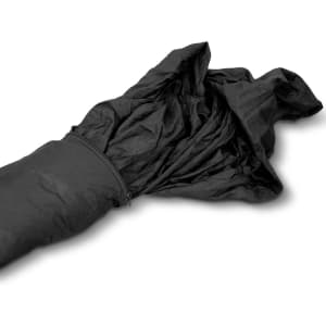 A black outdoor hammock neatly packed in a carrying bag, featuring a zippered closure and a textured fabric.