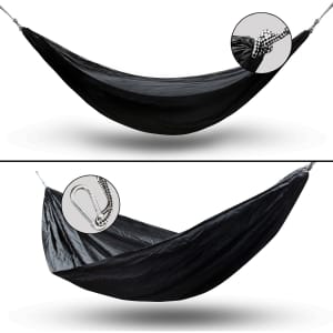 A black outdoor hammock with a looped attachment and a detailed view of the attachment point, featuring a logo.