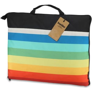 A foldable picnic blanket featuring stripes in black, blue, green, and red, with a carrying handle and branding.