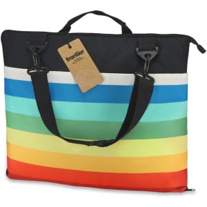 A picnic blanket with a striped design in blue, green, and red hues, featuring a black carrying handle and straps.