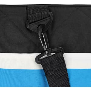 A black and blue picnic blanket with a strap and clip attachment, featuring a quilted texture.