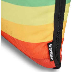 A vibrant striped picnic blanket featuring green, yellow, orange, and red colours, with a black zip and branding.