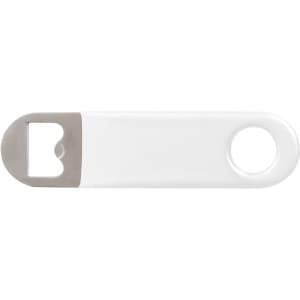 A drink bottle opener in white with a stainless steel end and a circular hole for easy handling.