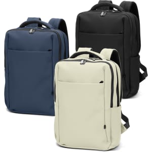 A soft-touch daily backpack in navy, black, and cream, featuring multiple compartments and a logo.