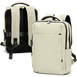 A soft-touch daily backpack in cream and black, featuring padded straps and multiple compartments. It has a logo.