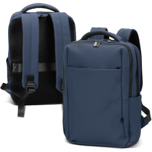 A navy blue soft-touch daily backpack with padded straps and mesh backing, featuring a zippered front pocket.