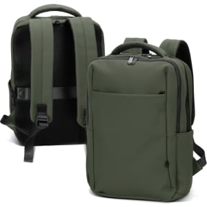 A soft-touch, olive green daily backpack with padded straps and a zippered front pocket. It features a logo on the side.