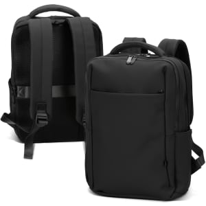 A black soft-touch daily backpack featuring adjustable straps and a sleek design, with a logo on it.