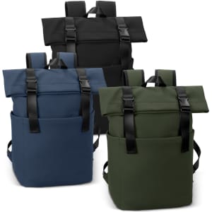A collection of ARCHER Soft-Touch Flap Backpacks in black, navy blue, and green, each with a logo and adjustable straps.