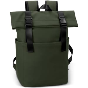 A green soft-touch flap backpack with adjustable straps and two front pockets, featuring a logo.